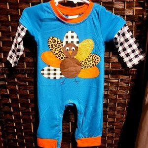Blue Thanksgiving Turkey Applique Baby Romper